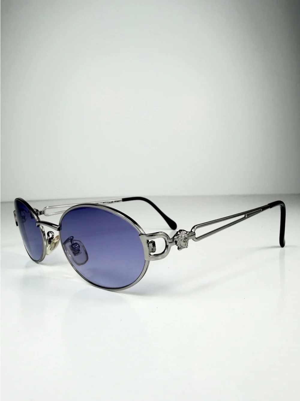 90s Vtg Versace H68 Silver Oval Medusa Sunglasses Custom Purple Lenses Full Set